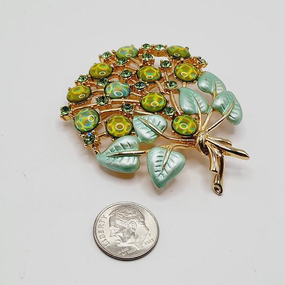 Vintage Style Watermelon Rhinestone Cabochon Tree Brooch Green Enamel Leaves - Picture 8 of 9